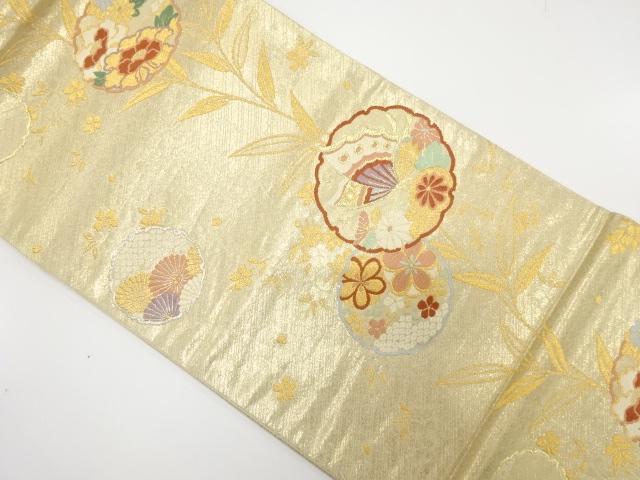 雪輪に蝶・花模様織り出し　袋帯